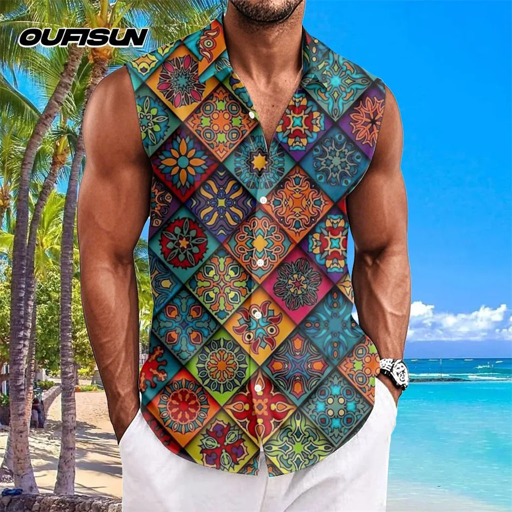 

Vintage Men's Shirts Bohemian Style Hawaiian Shirts Men Sleeveless Lapel Top Cashew Flower 3d Print Shirt Oversized Men Clothing