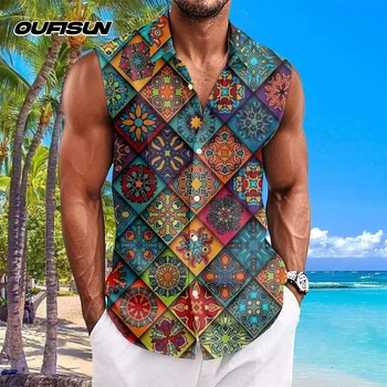 Vintage Men's Shirts Bohemian Style Hawaiian Shirts Men Sleeveless Lapel Top Cashew Flower 3d Print Shirt Oversized Men Clothing