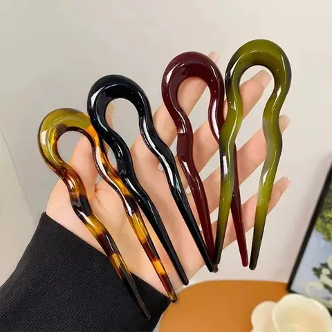 Bilashmart U-Shaped French Twist Hair Stick Hair Clip Plastic Wavy Hairpins Vintage Green Tortoise Women Hair Sticks Headwear Accessories