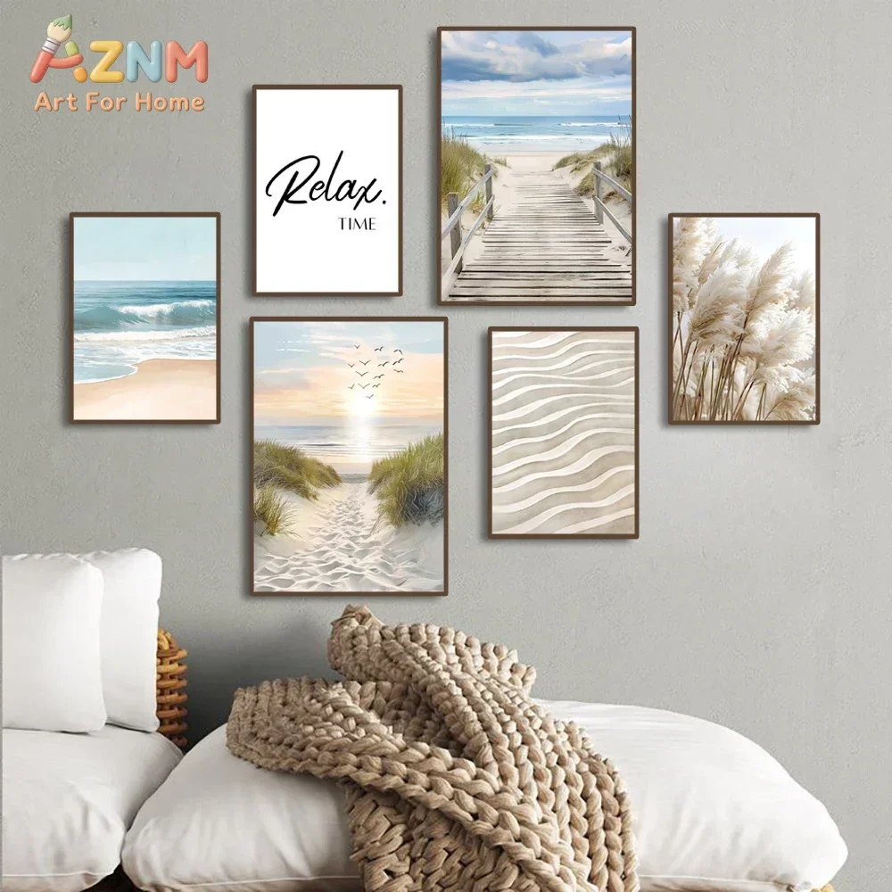 AZNM Coastal Beach Canvas Wall Art Neutral Sand Path Pampas Grass Ocean Sunset Relax Quote Print Poster Boho Seaside Scenery Art