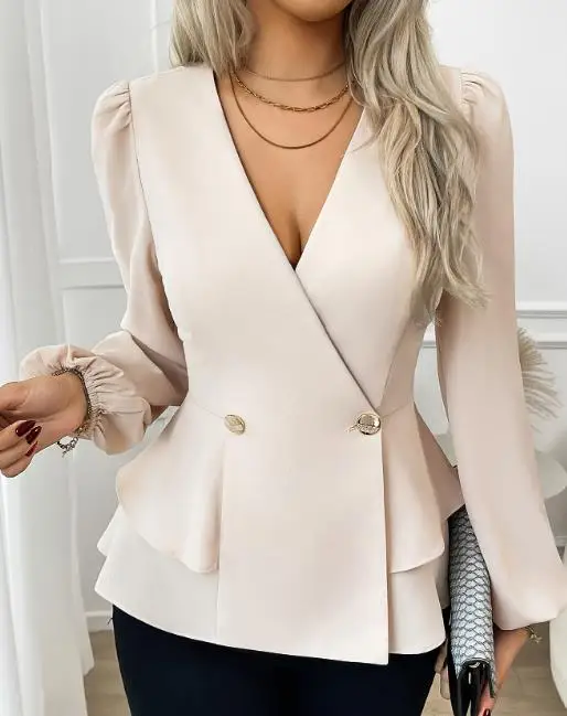 2025 خريف/شتاء جديد المرأة موضة عادية الخامس الرقبة كشكش بلون كم طويل فانوس كم قميص ملابس نسائية #2