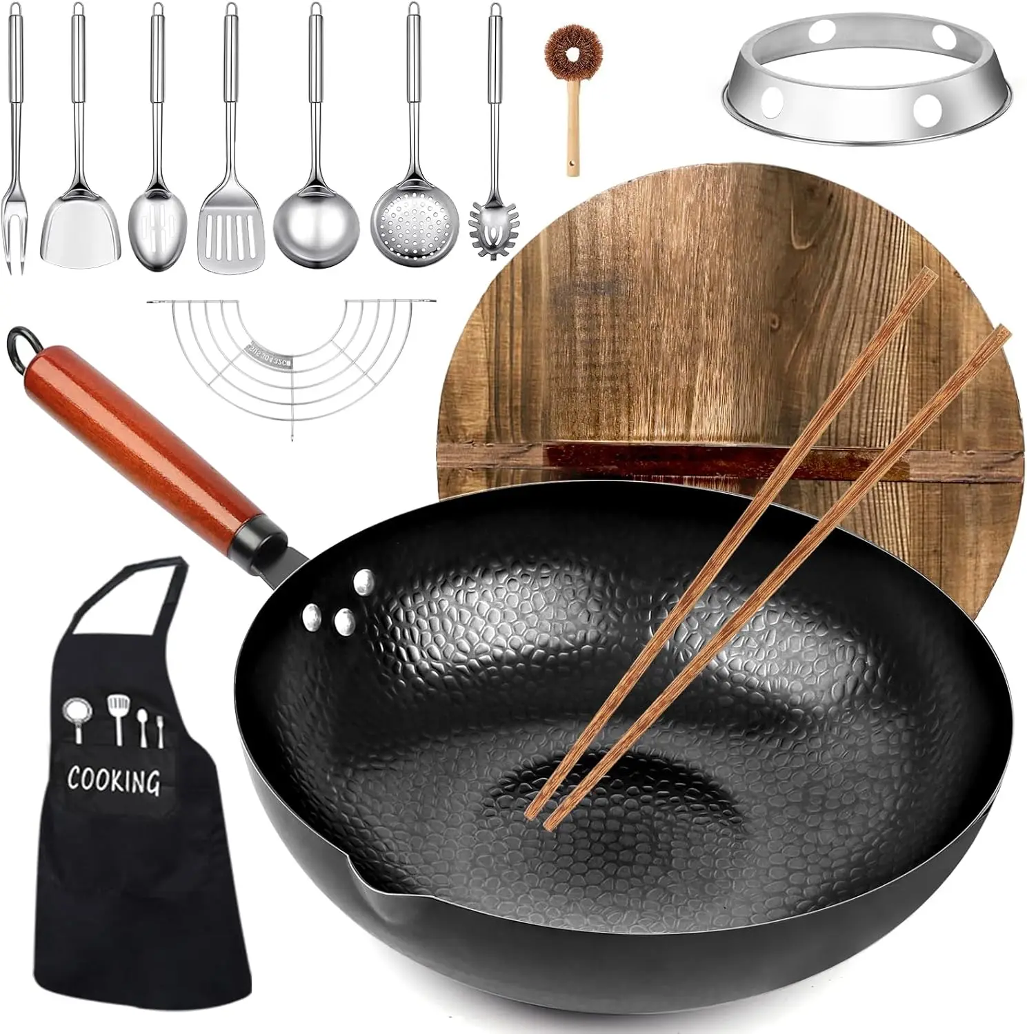

14-Piece Carbon Steel Wok Set with Wooden Lid, Flat Bottom for All Stoves - 12.6''