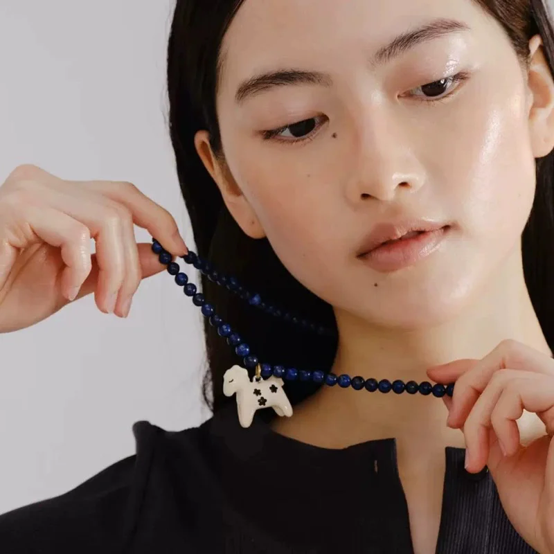 

Summer Vintage Enamel Pony Lapis Lazuli Bead Necklace Fashion All-match Exquisite High-end Earrings for Women's Jewelry