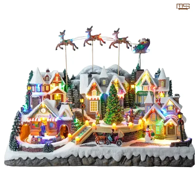 Christmas Village Snow Mountain Santa Claus on Sleigh and Reindeer Christmas Decoration House Music Box Ornaments Gift