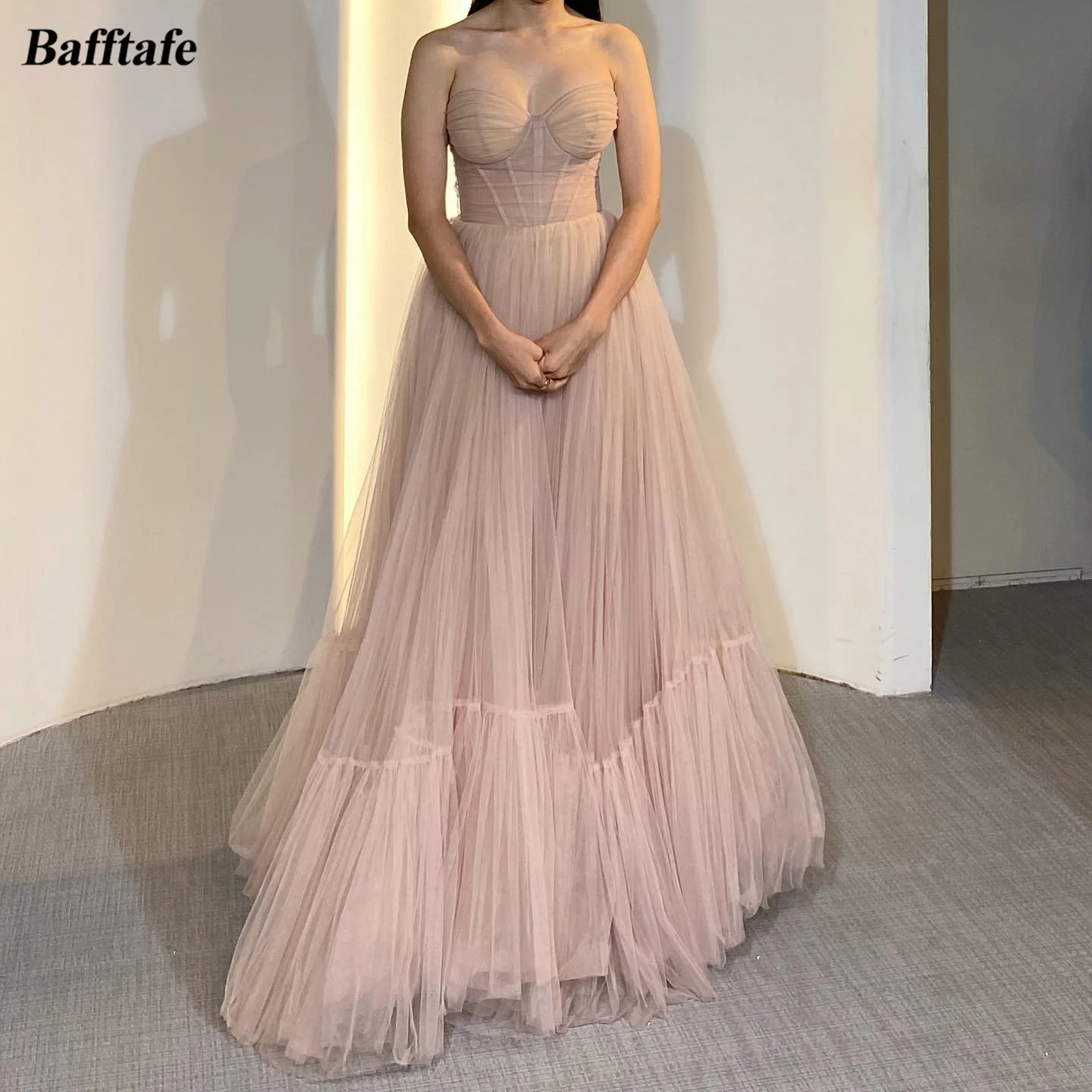 

Bafftafe Customized A Line Soft Tulle Long Prom Dresses Korea Women Wedding Photoshoot Detachable Puff Long Sleeve Evening Gowns