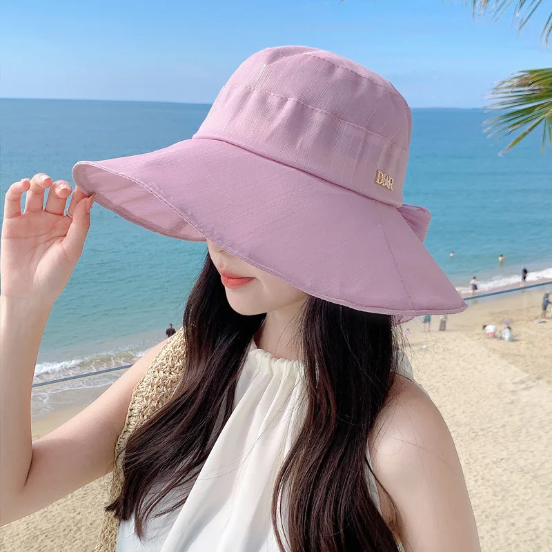 2024 summer cap ladies beach hat organza sunscreen sun hat large brim face sun hat for seaside holiday use