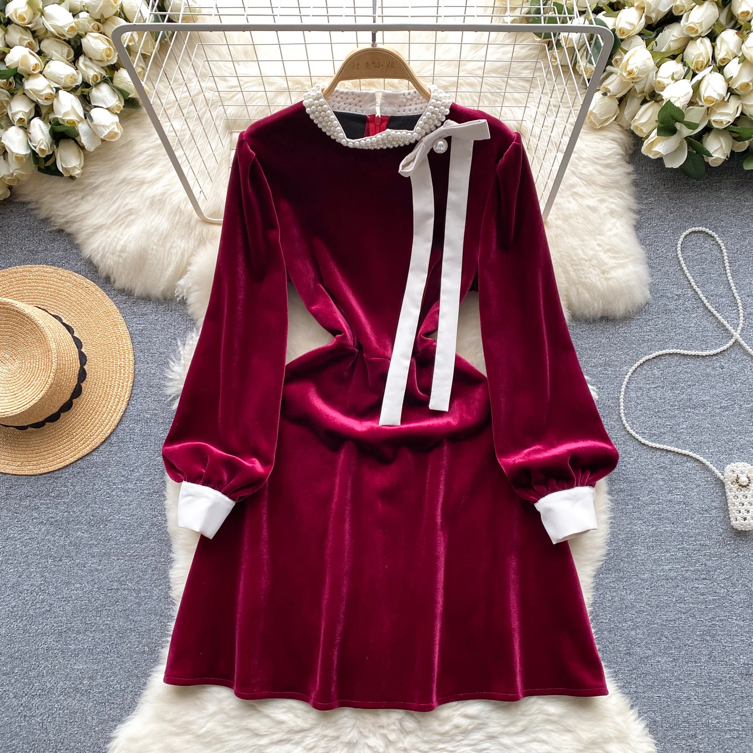 Chic Stand Collar Puff Sleeve Elegant Beading Evening Party High Street Women Vintage Korean Fashion Women Autumn Slim Dress