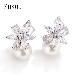 ZAKOL Korea Imitation Pearl Flower Stud Earrings Shinny Marquise Zircon Wedding Earring for Women Party Jewelry