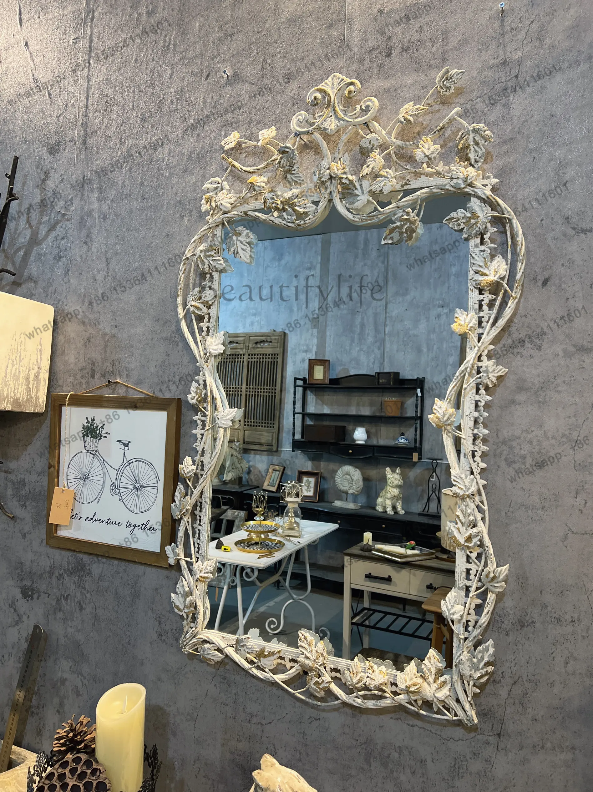 European retro bathroom mirror neoclassical cosmetic mirror French wrought iron maple leaf old wall hanging mirror