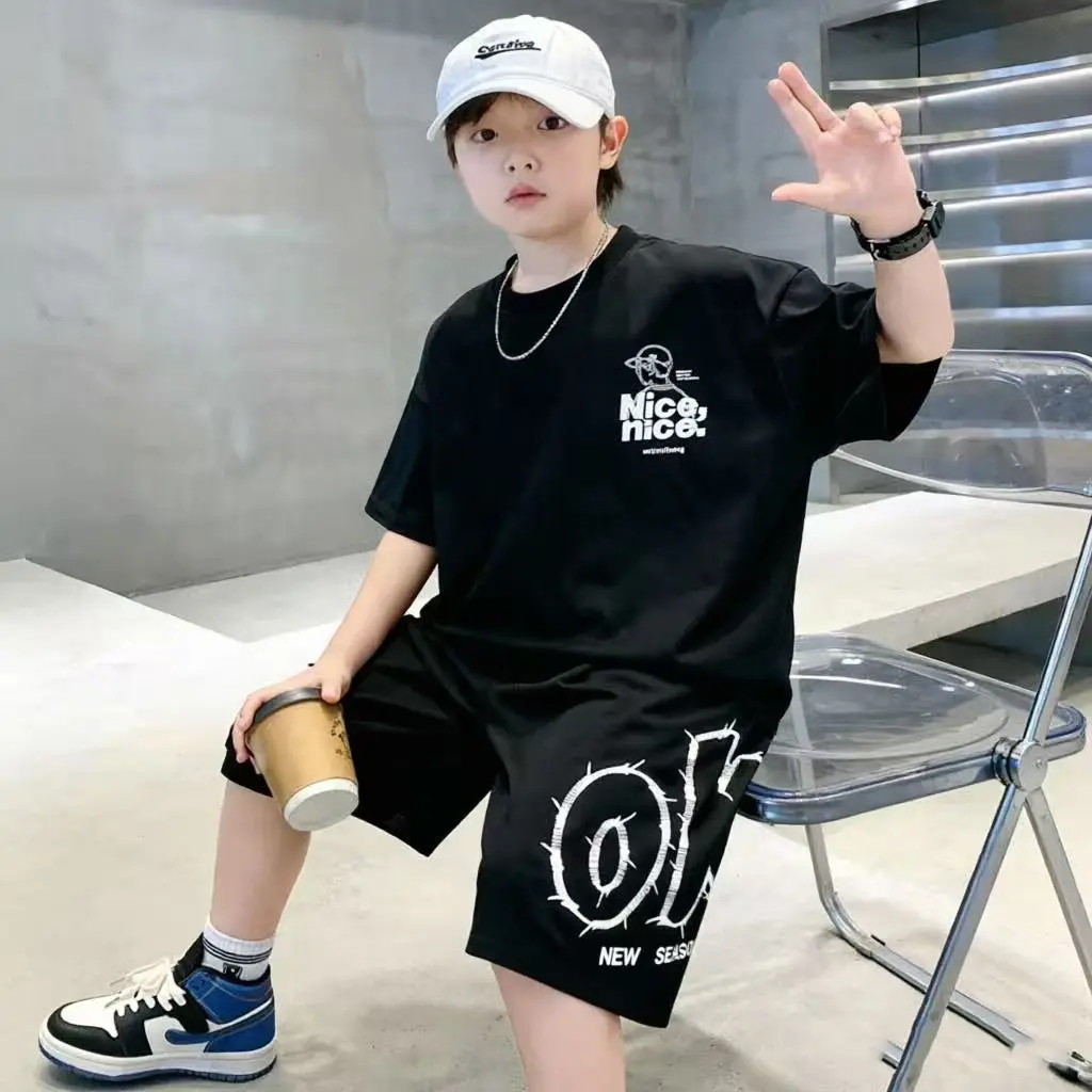 Cotton Summer Hip Hop Boys Clothes Set People T-Shirt + Shorts 2PCS Kids Outfits Sport Children Clothing Suits Teenage 4-14 Year