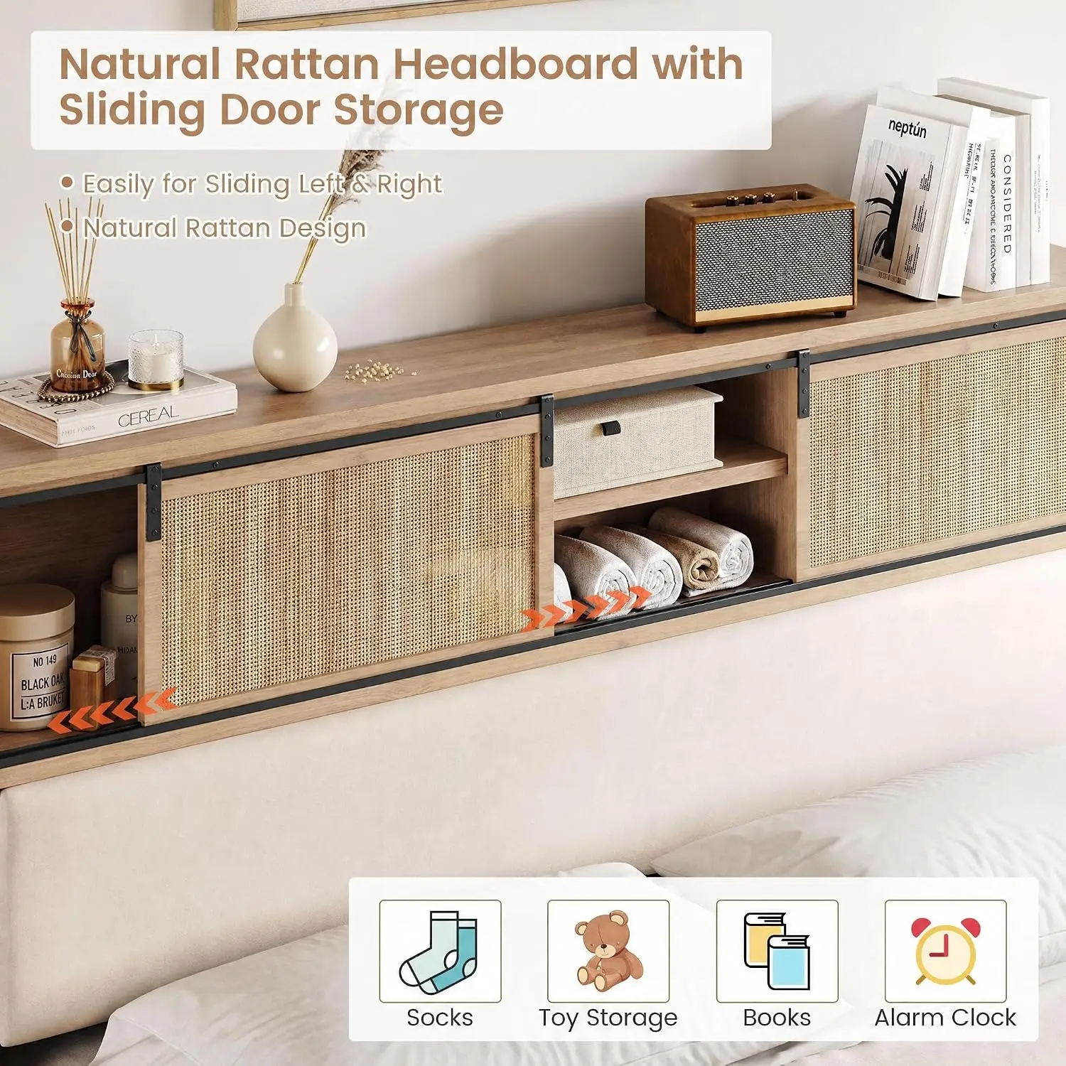 Wood Platform Bed Frame with Storage Headboard, Customized image 4