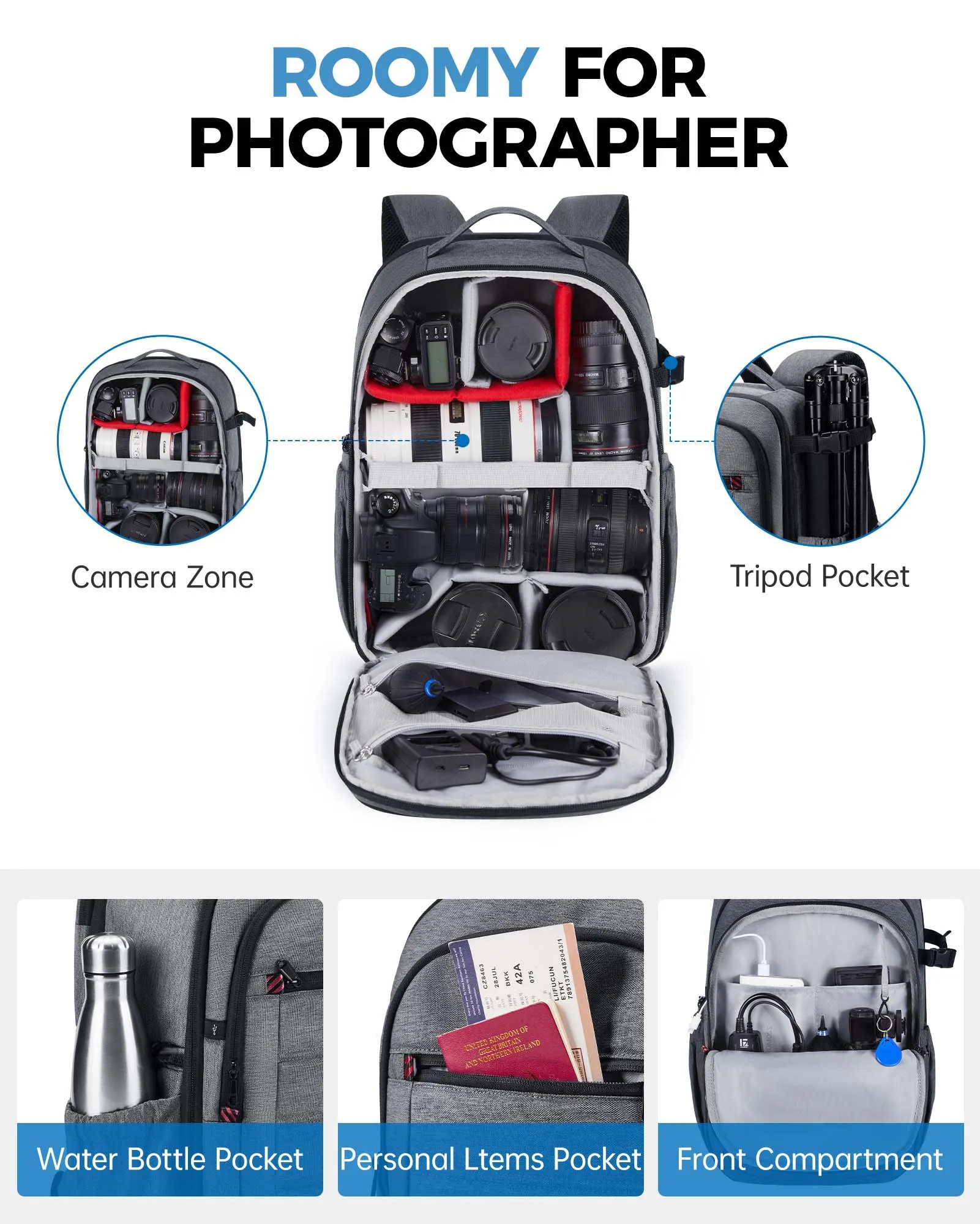 BAGSMART Professional Camera Bag Photographer DSLR SLR Backpack Fits 13 Inch Laptop Photography Case with Rain Cover Tripod Hold