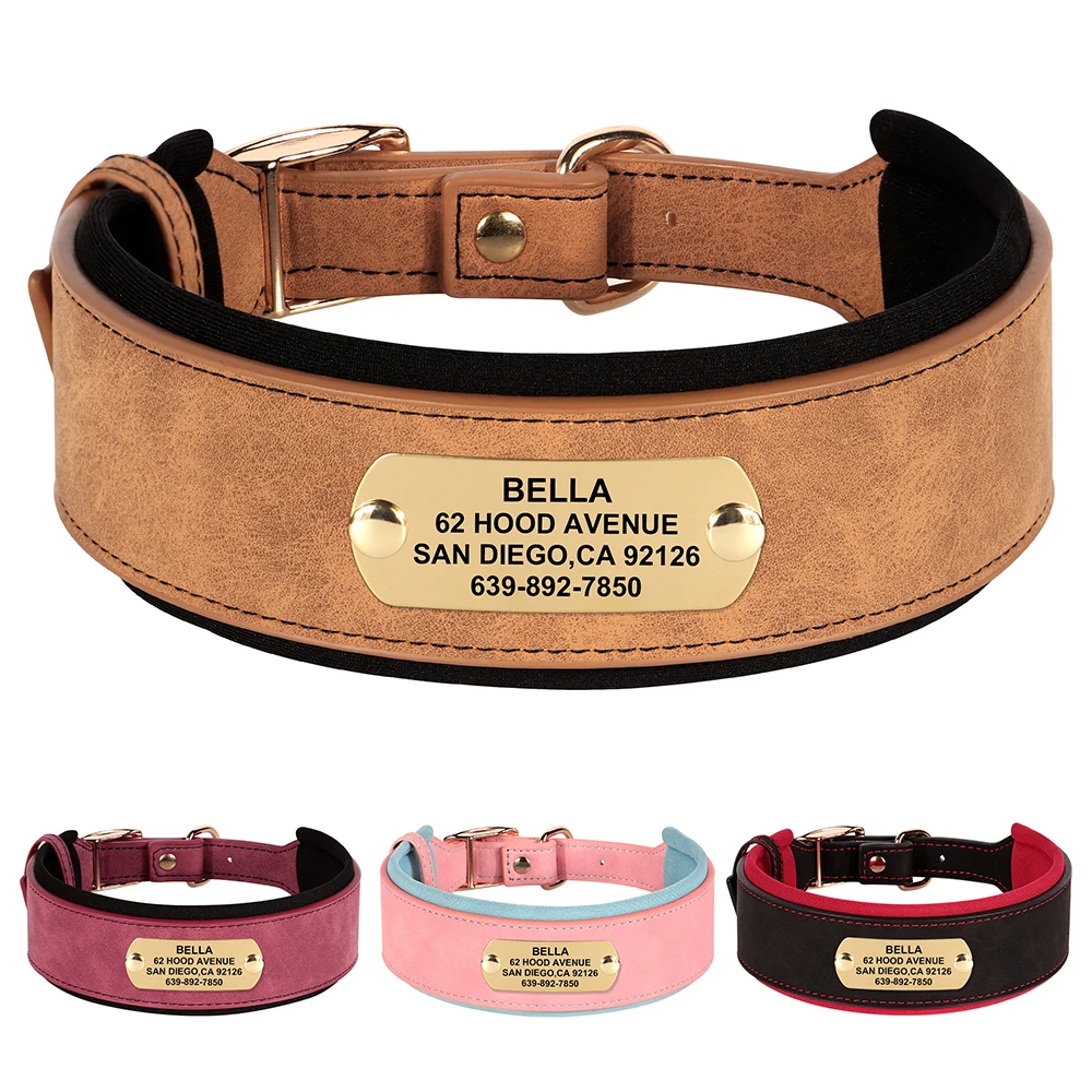 Large collier de chien personnalisé en cuir PU colliers d'étiquette de chiens personnalisés collier de animal de compagnie souple pour petits moyens grands chiens Pitbull Buldog