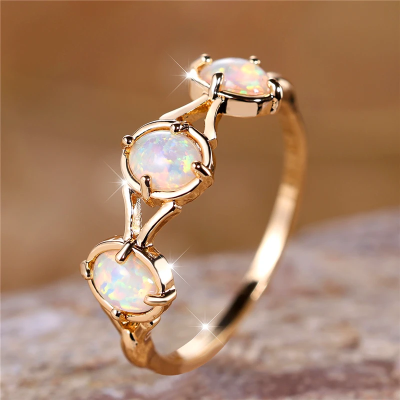 Boho Female White Fire Opal Stone Engagement Ring Vintage Gold Color Summer Wedding Jewelry For Women