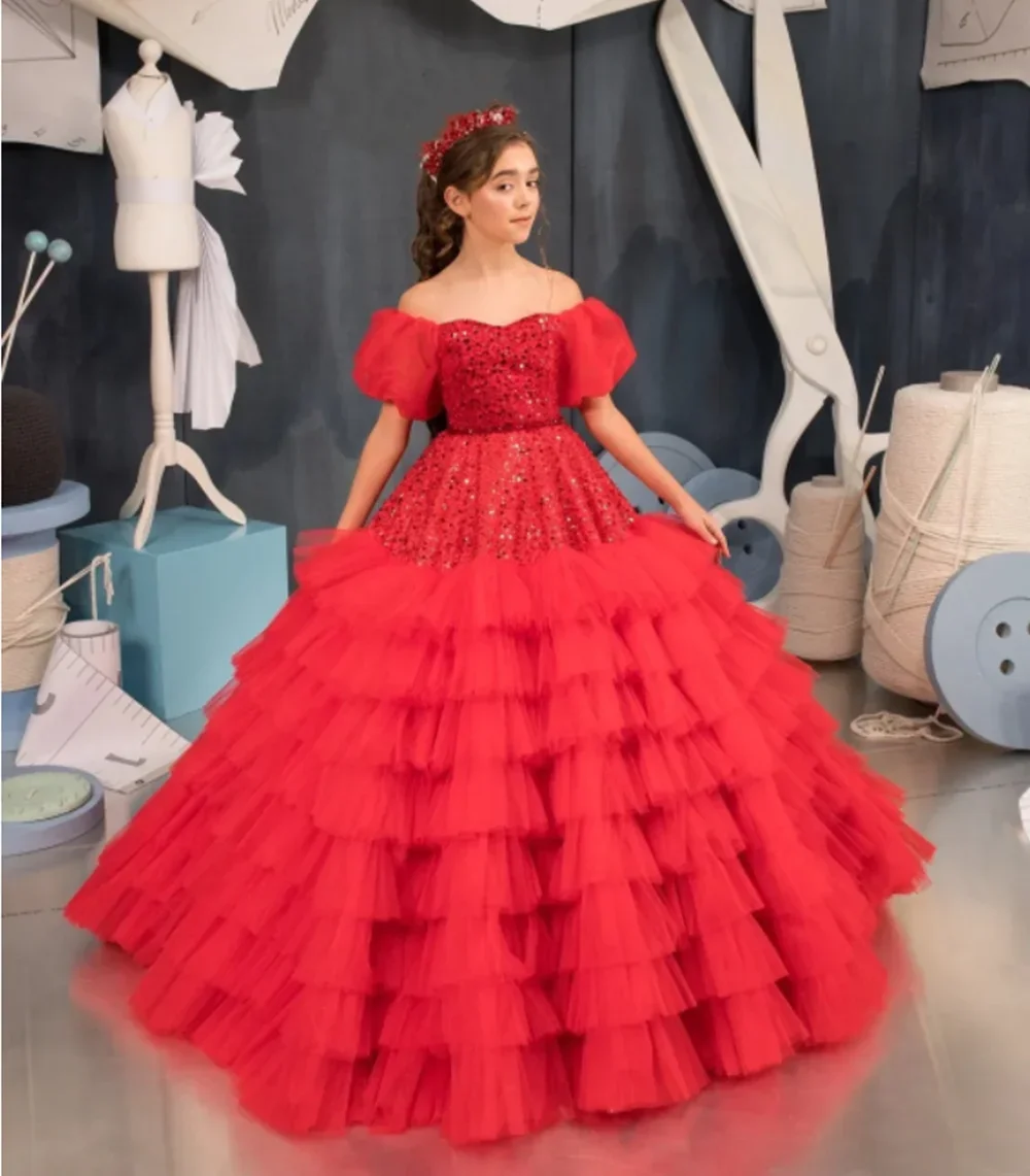 Vestido de tul de encaje para niña de las flores, vestido de boda sin mangas con capa hinchada brillante, vestidos de cumpleaños de primera comunión de princesa elegante