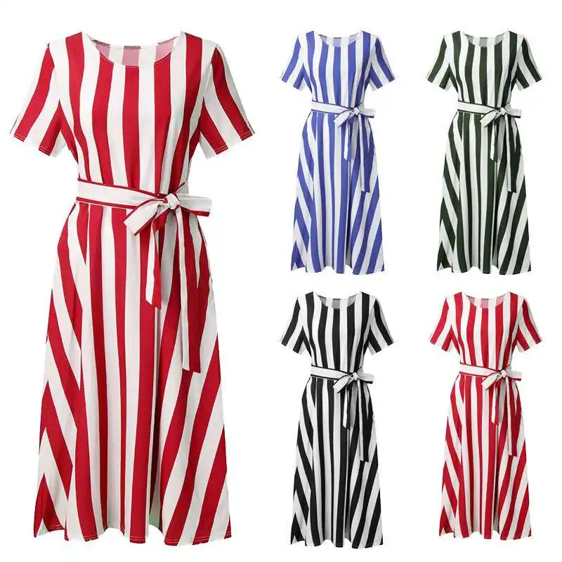 Damen Sweet Sle Gestreifter Casual Dr mit Kettes Or Sve Round Ne Langer Rock mit lockerer Taille aus Polyesterfaser