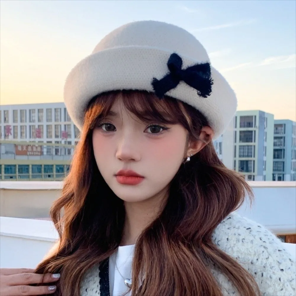 

Retro Solid Color Bow Bucket Cap Korean Style Knit Woolen Fishing Cap Y2k Versatile Women Bucket Hat Streetwear
