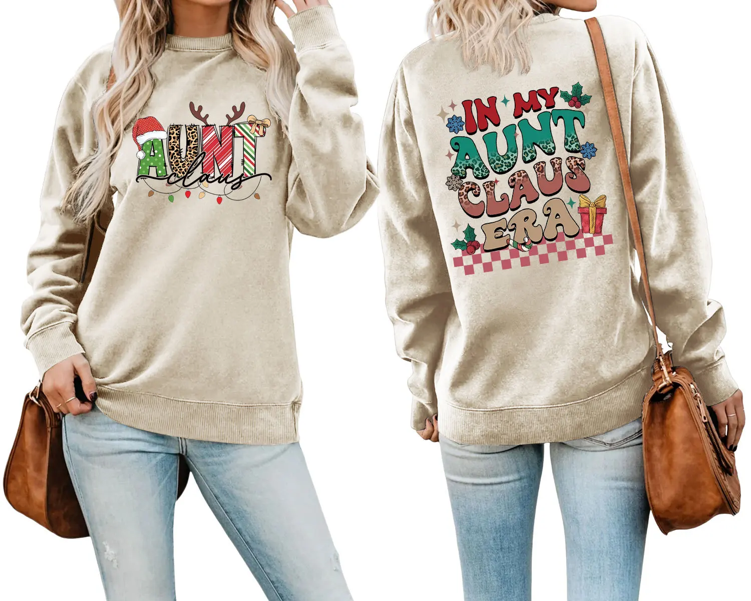 

Autumn and winter new crew-neck long-sleeved hoodie in my aunt Claus era aunt printed loose casual Christmas top with ladies fas