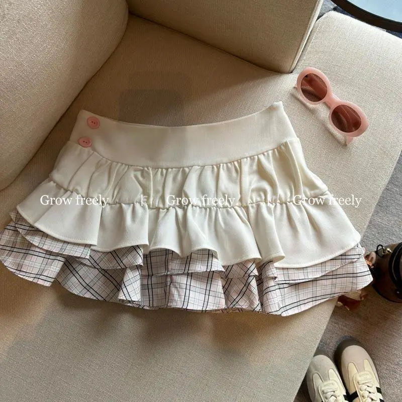 2026 New Summer Women's Color Block Tiered Skort, Plaid Irregular High Waist Anti Chafing A-Line Shorts