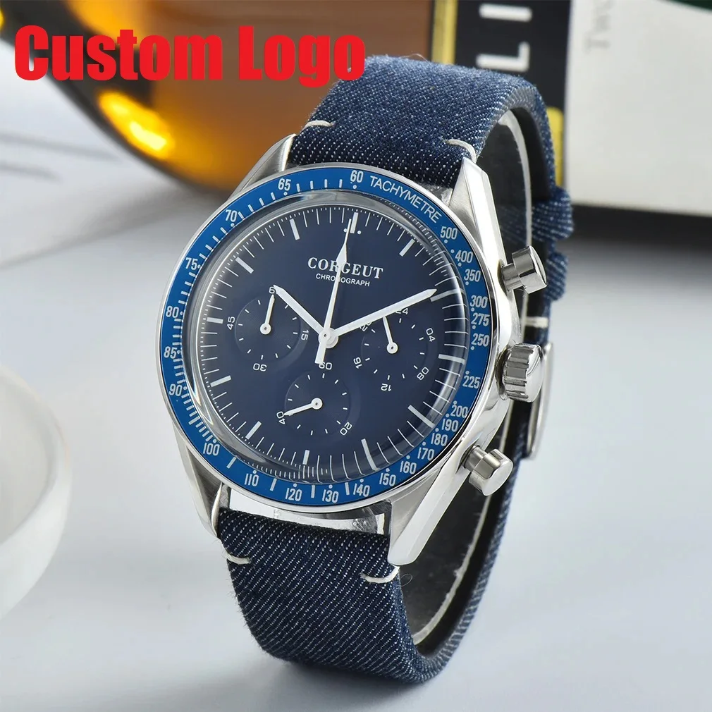 40MM Corgeut Quartz Mens Watch 24Hour Multi Function Stainless Steel Sterile dial Chronograph  Leather Sport men's Clock watch