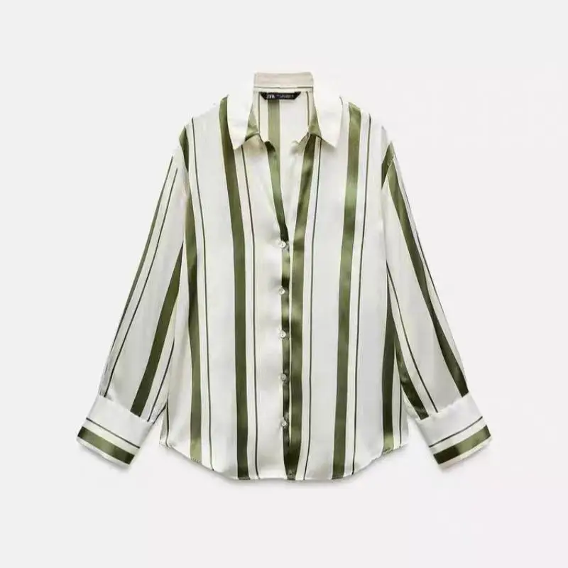 

GELITAYIN Fashion Long Sleeve Casual Striped Shirts For Women Spring And Autumn Tops Button Up Blouse For Women Simple Slim Offi