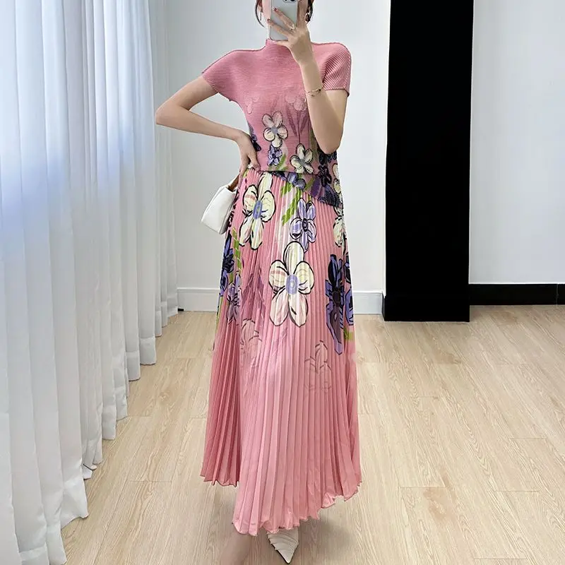 Vintage Two-piece Set Middle Ages Floral Print Pleated Short Sleeves Tops Long Skirts Women Design Chic Outfits Summer Skirt Set