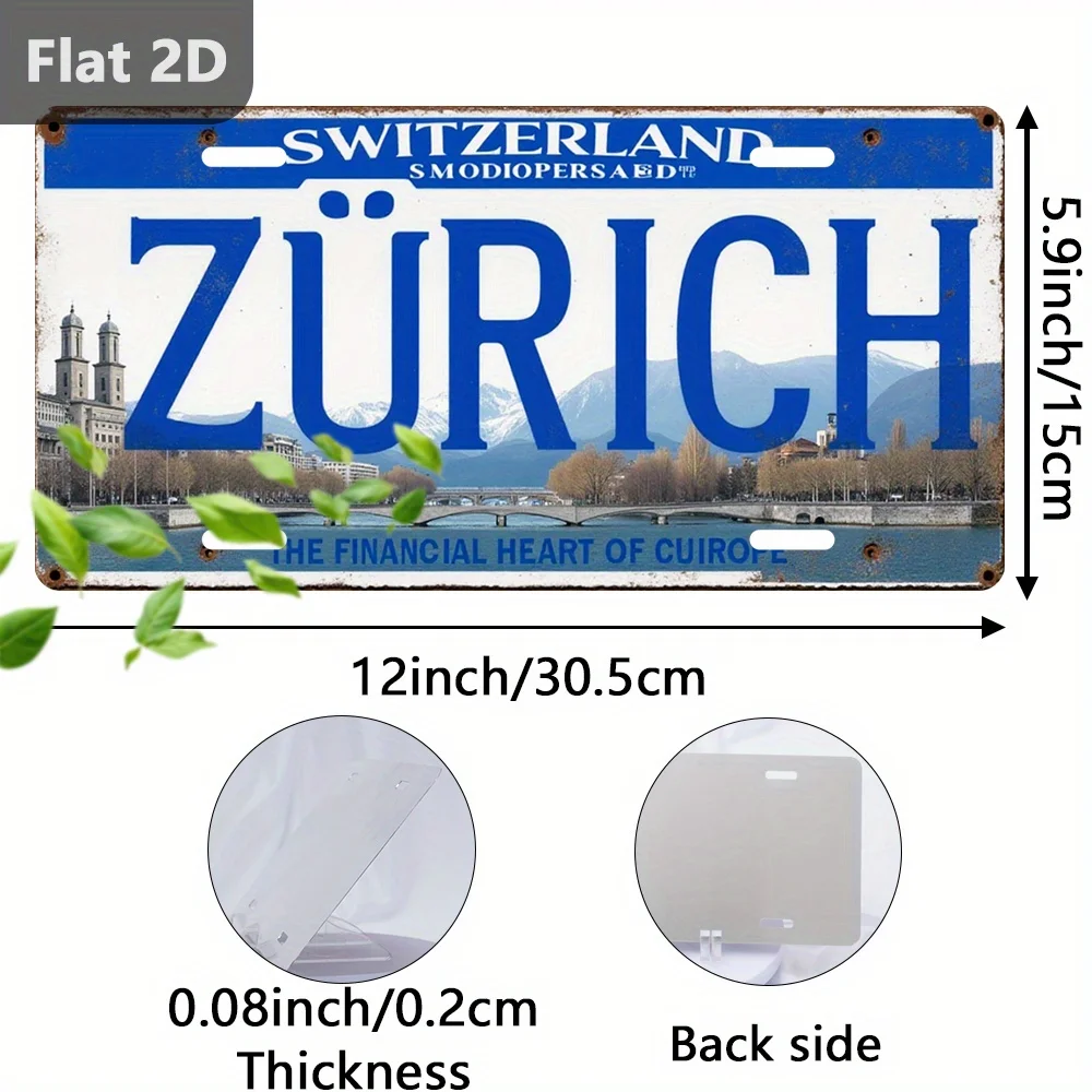 Vintage Tin Sign 2D Flat Retro Metal Decor for Zurich Plate Switzerland, Wall Hanging Decorative Plaque for Cafe Garage Car Trav