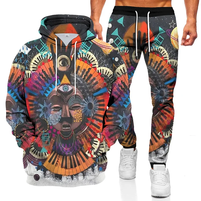 New God Indian Portrait Hoodies For Man Suits Maria Pullovers 3D Printed Men\'s Sweatshirt Set Harajuku Y2K Casual Pant Clothes