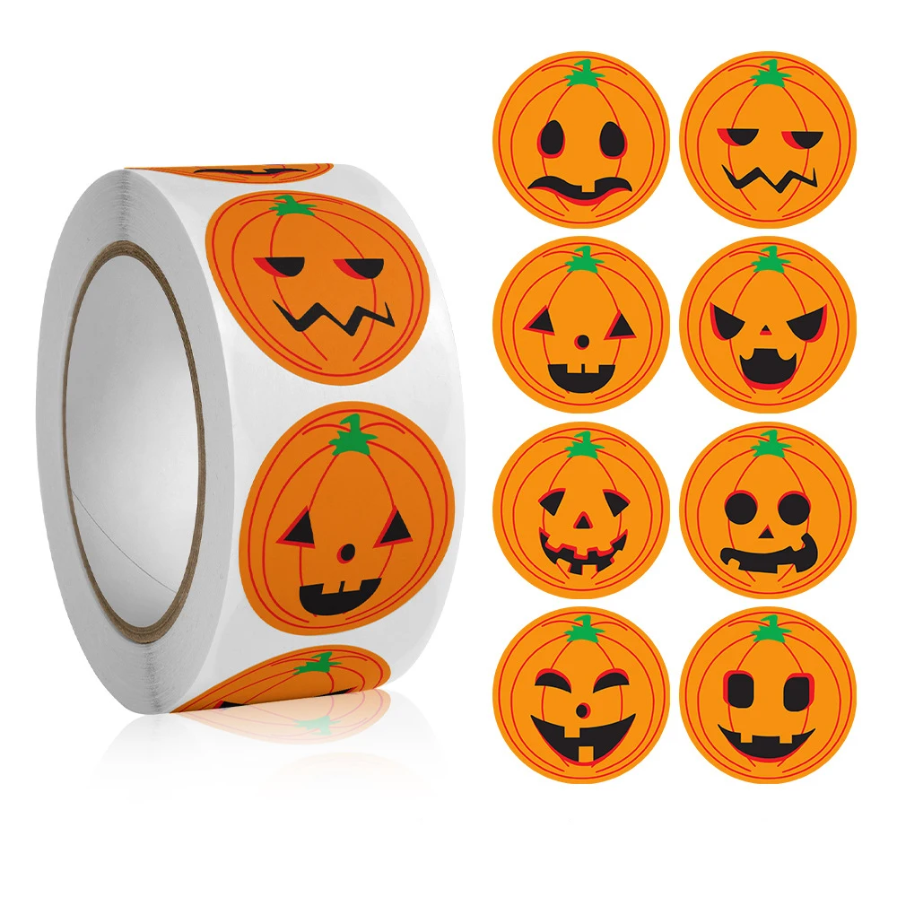500 Stück/Rolle Halloween-Aufkleberrollen, Halloween Runde Kürbis-Geister-Aufkleber, Spinnen-Fledermaus-Katzen-Aufkleber für Partydekoration – Detail 6