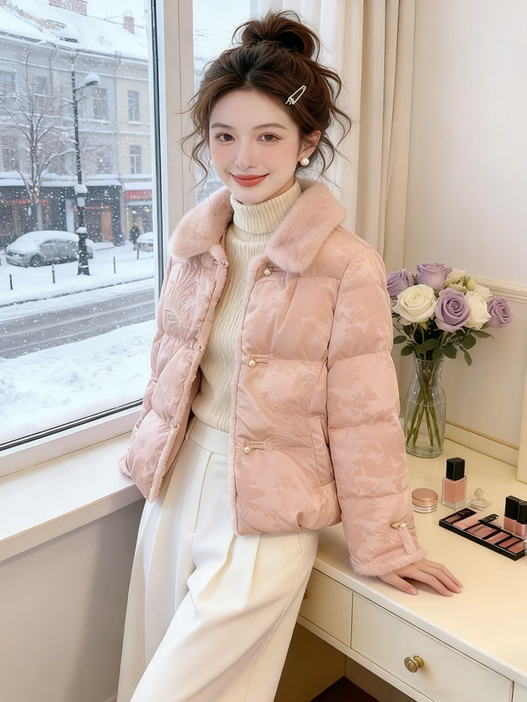 

New Chinese Sle Embroidered Fur Collar Thiened Warm Cotton Jaet Women's Winter Coat Sli Commute Korean Version Loos...