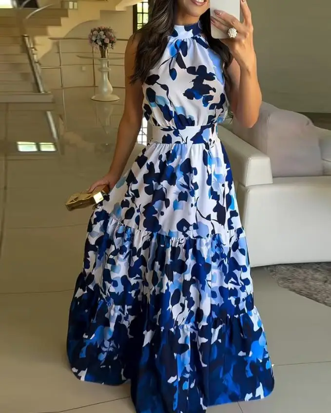

Printed stand up collar sleeveless waist A-line long skirt