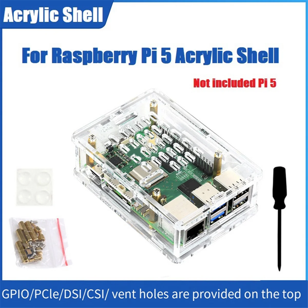 For Raspberry Pi 5 Case Transparent Acrylic Shell Protective Case Supports the Installation of Official Heat