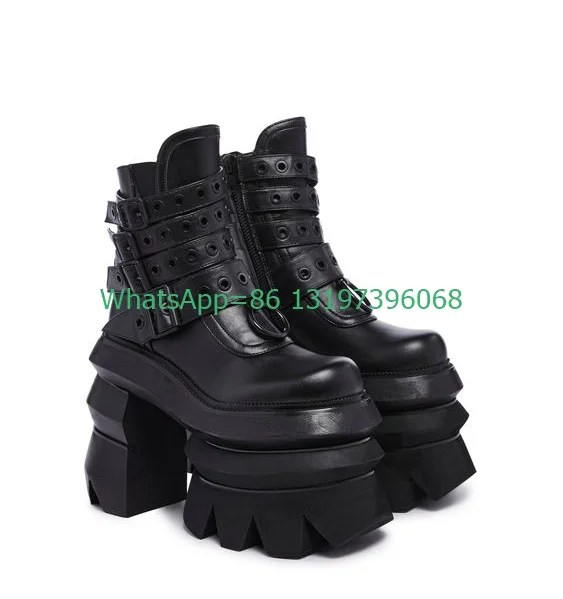 Lady Black Platform Gothic Spike Style Ankle Boots Sexy Side Zip Buckle Strap Boots Chunky Heel Footwear Size New Arrive Runway