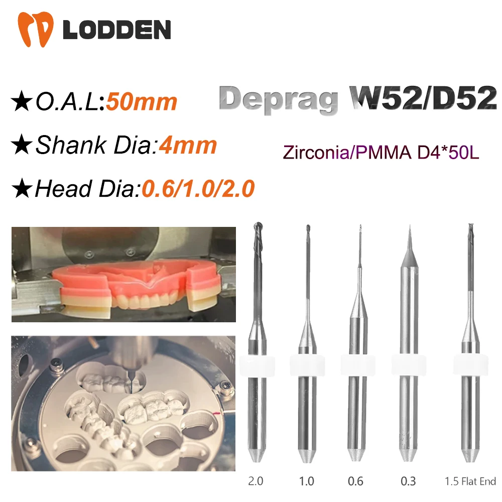 Deprag-fresa Dental W52 D52, herramienta de molienda de Zirconia (CC)/PMMA(NC) D4, vástago de 50M de longitud, 0,6/1,0/2,0 MM