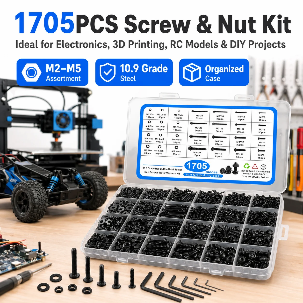 

1705Pcs 10.9 Alloy Steel Metric Hex Screw Set with Nuts Flat Lock Washers Storage Box for Electronics RC Models