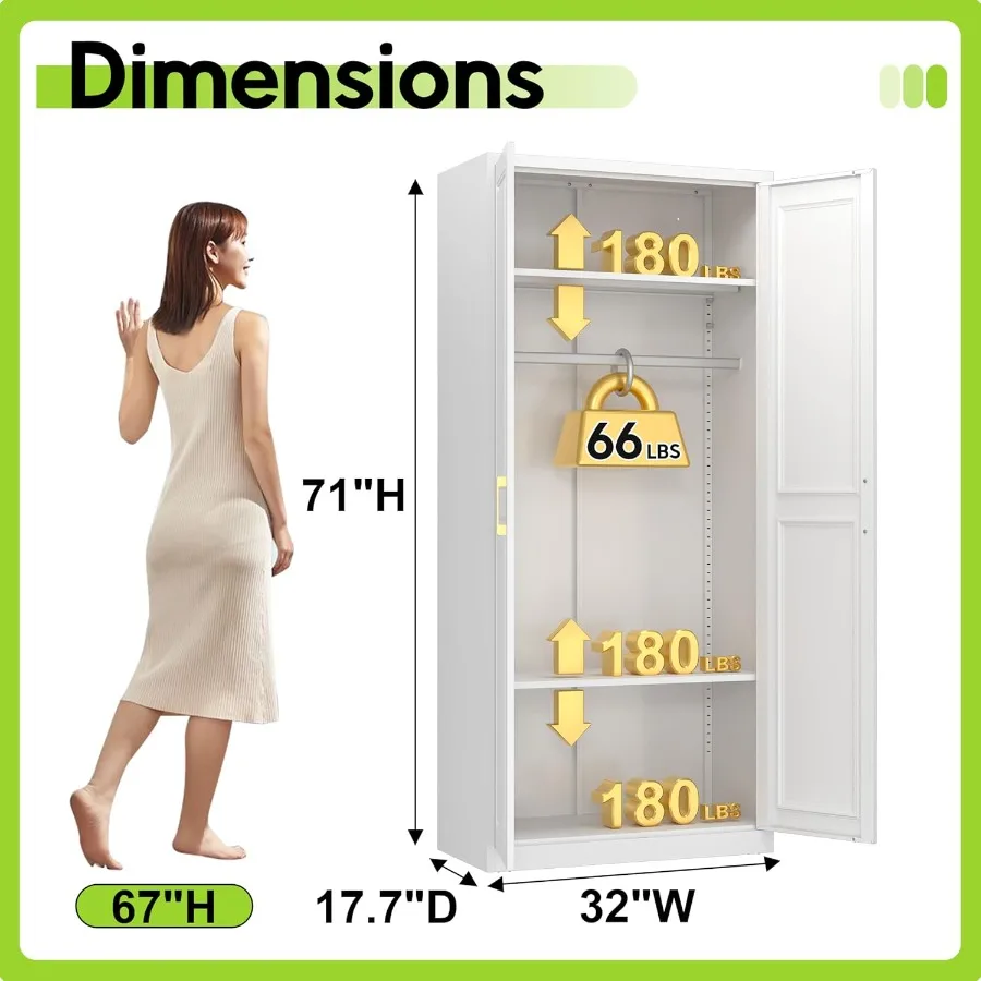 خزانة ملابس بأبواب مقاس 71 بوصة، خزانة ملابس مع خزانة معدنية بقضيب مفصلي مع رفين قابلين للتعديل لغرفة النوم