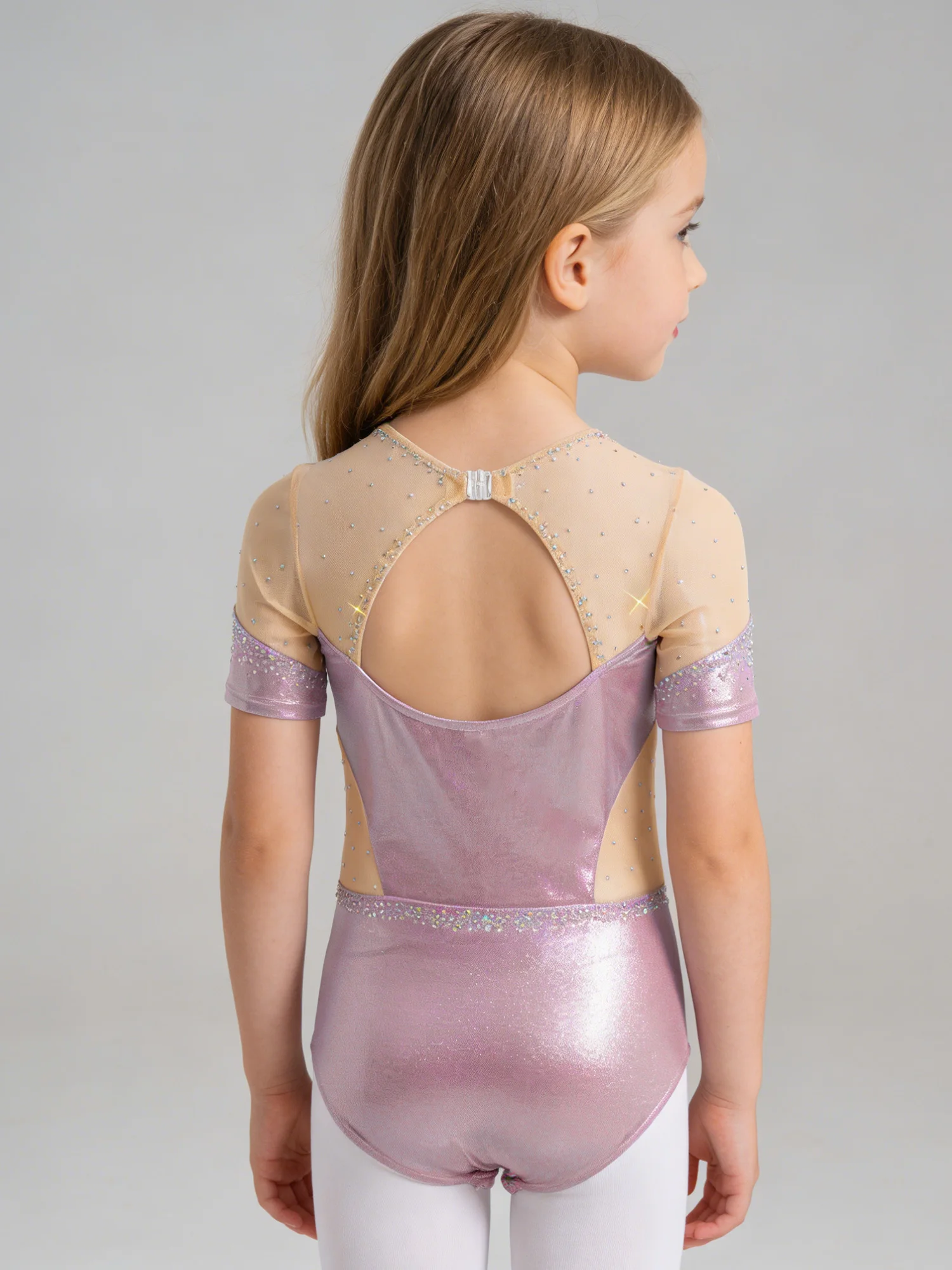 

Kids Girls Ballet Jersey Leotard Bodysuit Shiny Rhinestones Rhythmic Gymnastics Artistic Skating Performance Costume Dancewear