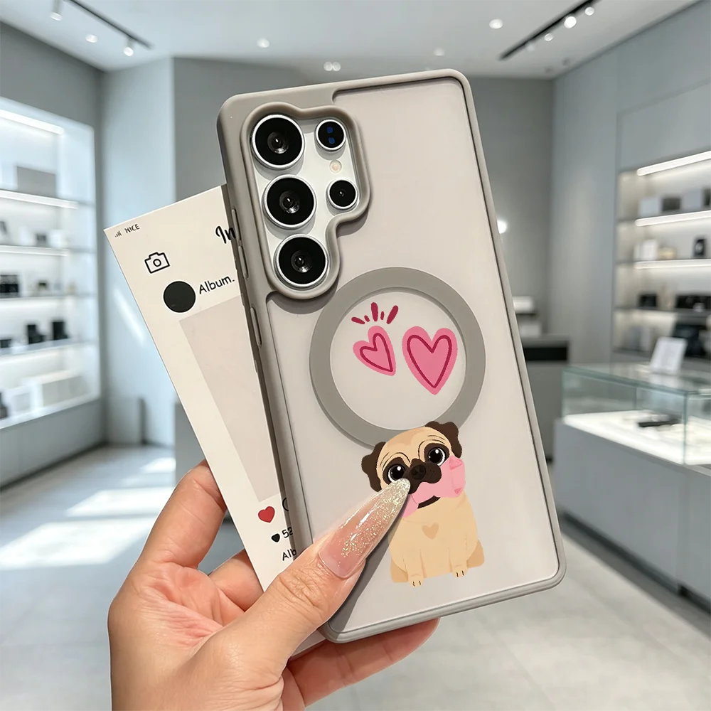 Cute Pug Dog Pink Hearts Magnetic Clear Back Cover For Samsung Galaxy S26 S25 S24 S23 S22 Ultra FE A17 A37 A57 Protective Case