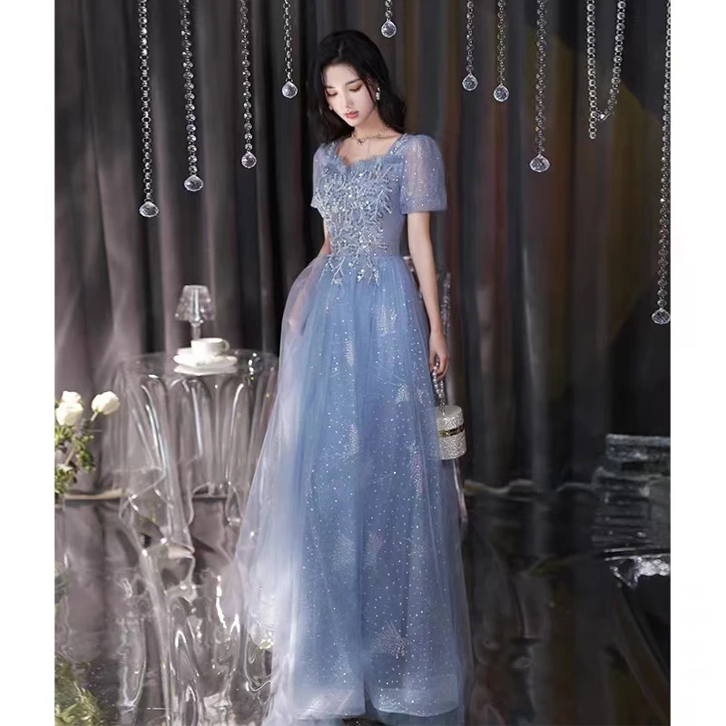 

Blue Women Evening Dresses For Birthday Party Elegant Square Neck Floor-Length Fancy Tulle Long Prom Gowns 2024