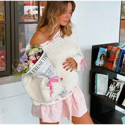 2024 Autumn Casual Skew Neck Knit Pullover Women Loose Lace Up Sweater Female Off Shoulder Patchwork Long Sleeves Top Outwear