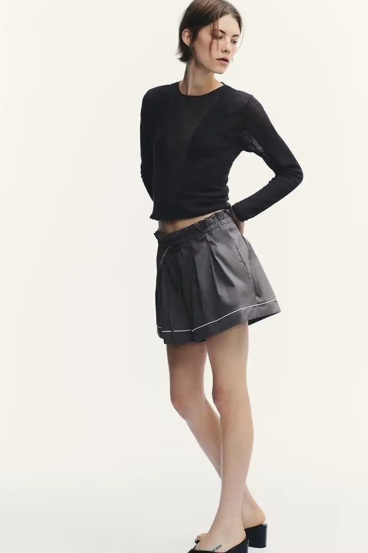 BB6748 2025 Autumn New Women's Clothing European and American Style Versatile Loose Edging Poplin Shirt Mid Waist Shorts 5063119