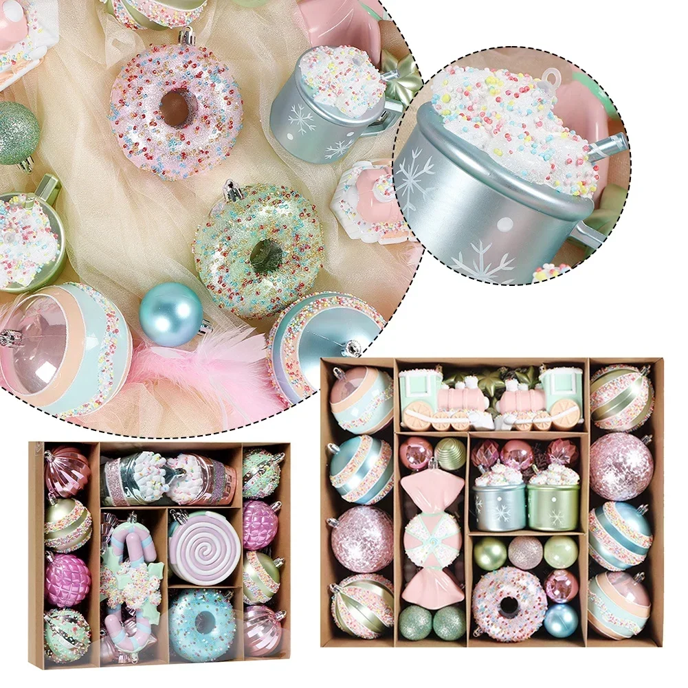 Christmas Balls Hanging Pendant, Xmas Tree Ornaments, Macaron, Sorvete, Donut, Candy Ball, Presentes de Ano Novo, 2024, 48 pcs, 70pcs