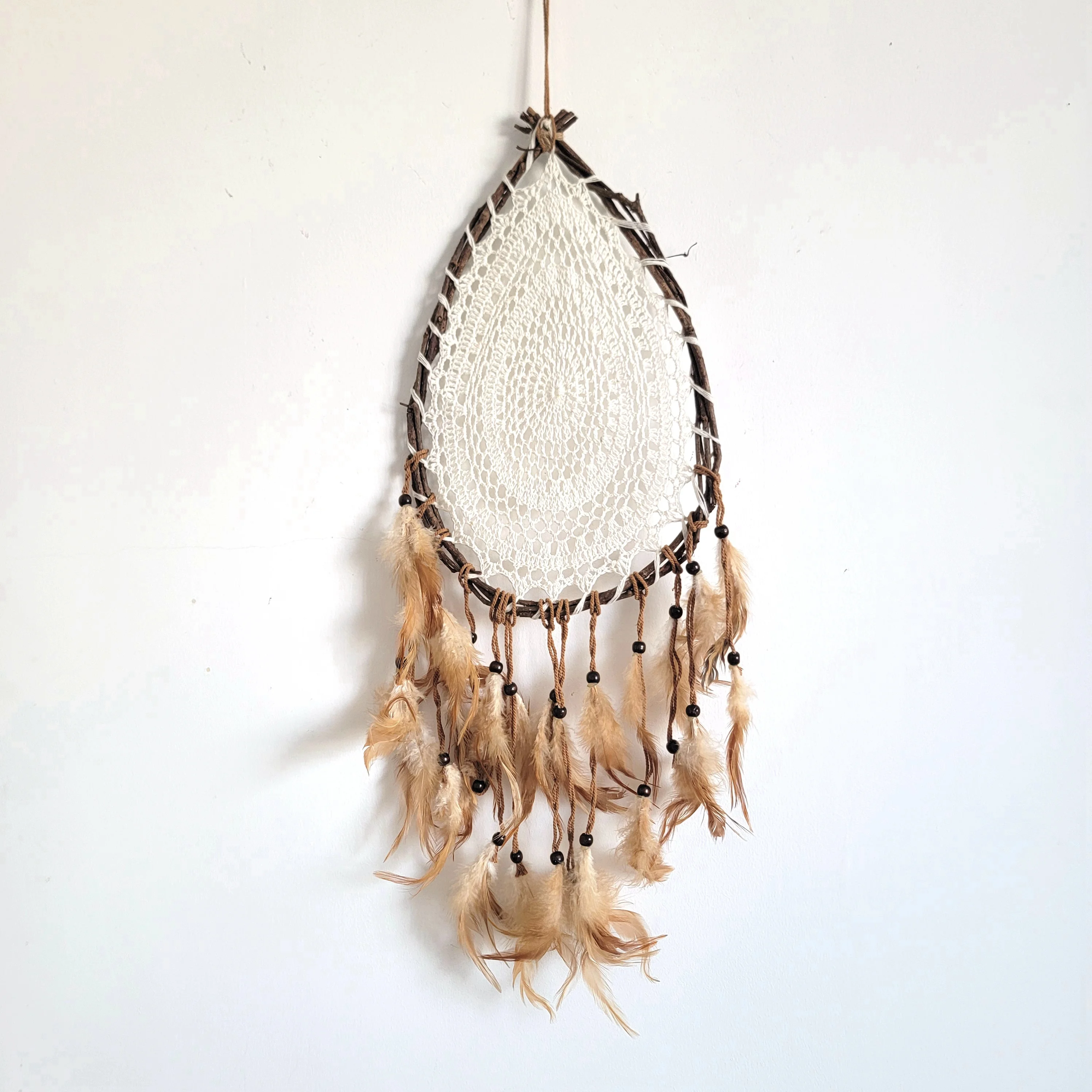 

DREAMCATCHER-HOME DECORATION- Drop shape with feathers-with branch, with crochet web