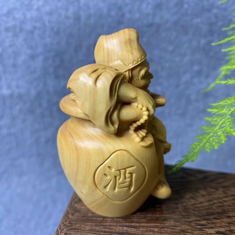 XS616- 7CM Tall Ji Gong Drunk Boxwood Sculpture Feng Shui Wood Carving Buddha Statue Collection Ornaments