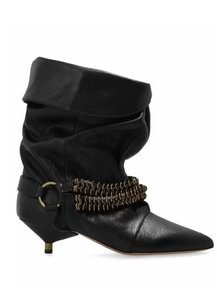 

2025 Women's Spring and Autumn Low Heel Folded Pile Short Boots Metal Buckle Chain Fashion Pointed Large Women's Ankle Boots