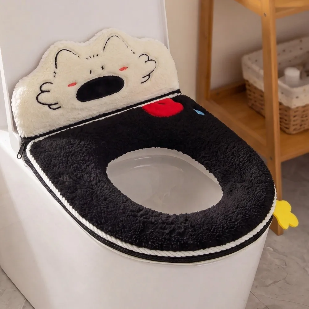Thickened Toilet Seat Cover Lamb Fleece Faux Cashmere Toilet Seat Pad Full Wrap Zipper Closure Toilet Seat Cover with Backrest