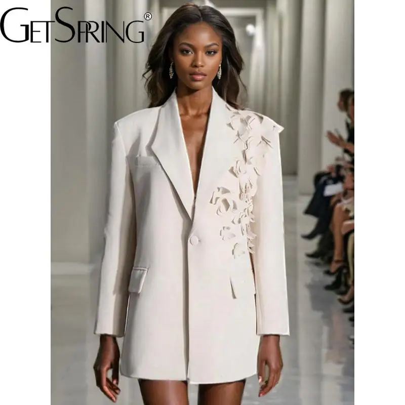 GetSpring Women Blazer 2024 Flower Stitched Single Button Full Sleeve Ladies Blazer Coat Fashion Loose Long Women's Suit Jacket