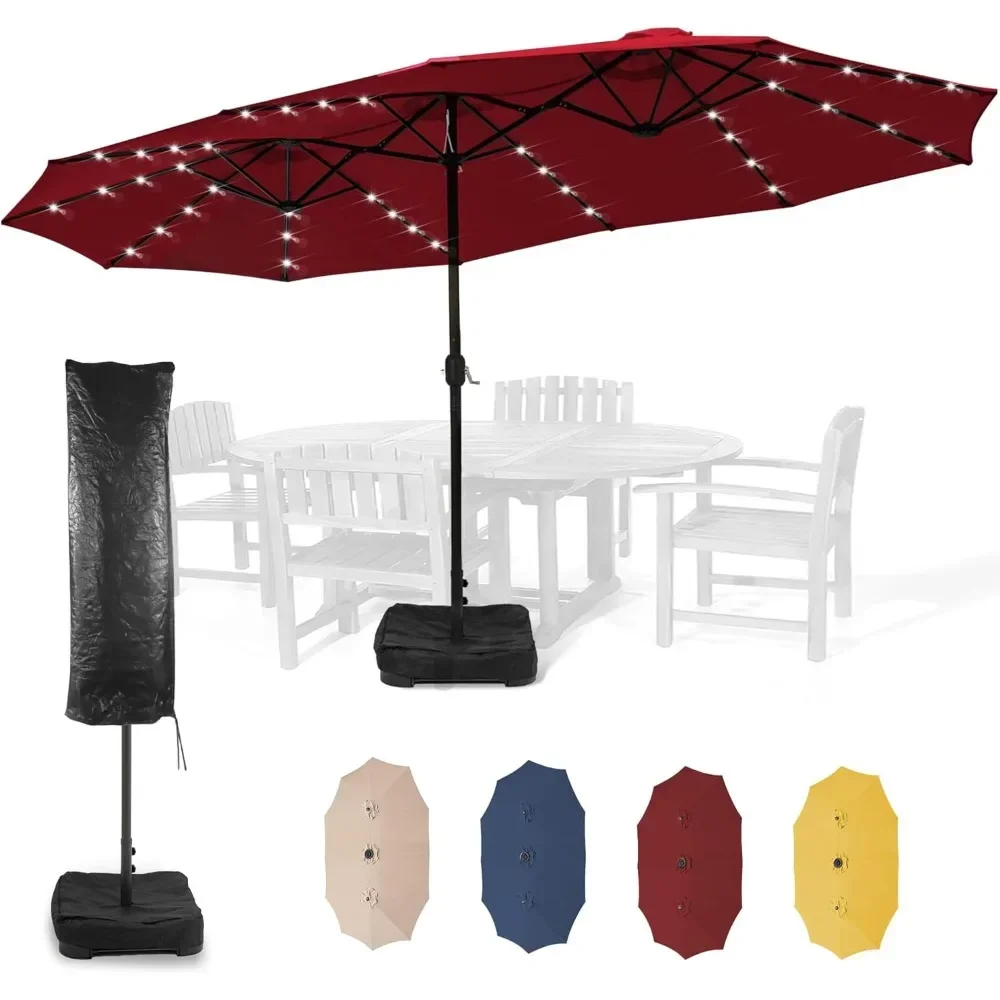 Outdoor 40LED 15ft Large Patio Umbrellas with Base Included and Umbrella Cover, Outdoor Double-Sided Umbrella with Solar Lights