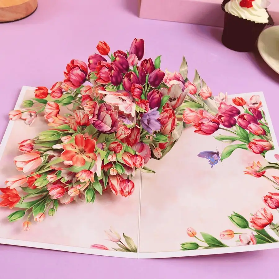1/5/10/20/50/100pcs Tulip Pop Up Card, Flower Card, 3D Handmade Card for Best Mom Ever Happy Mother'S Day, Birthday, Spring Gree