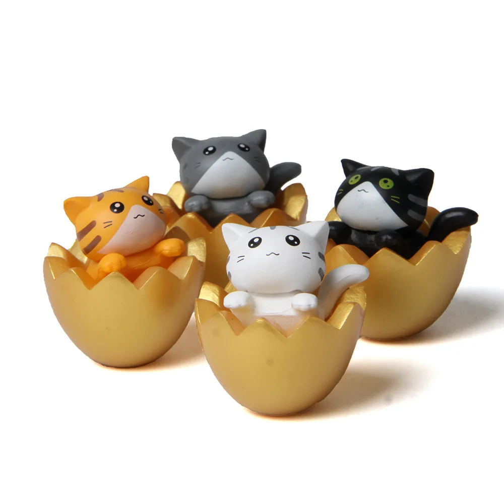 Kawaii Resin Cat In The Gold Eggshell Figurine Molds Fairy Garden Miniatures Desktop Cat Statue Toy Mini Figures Home Decoration